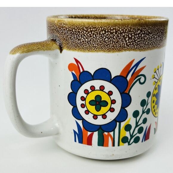 Vintage 60s/70s Retro Porcelain Blue Green Flower Power Mug Red Orange MCM Leaf - Picture 1 of 10